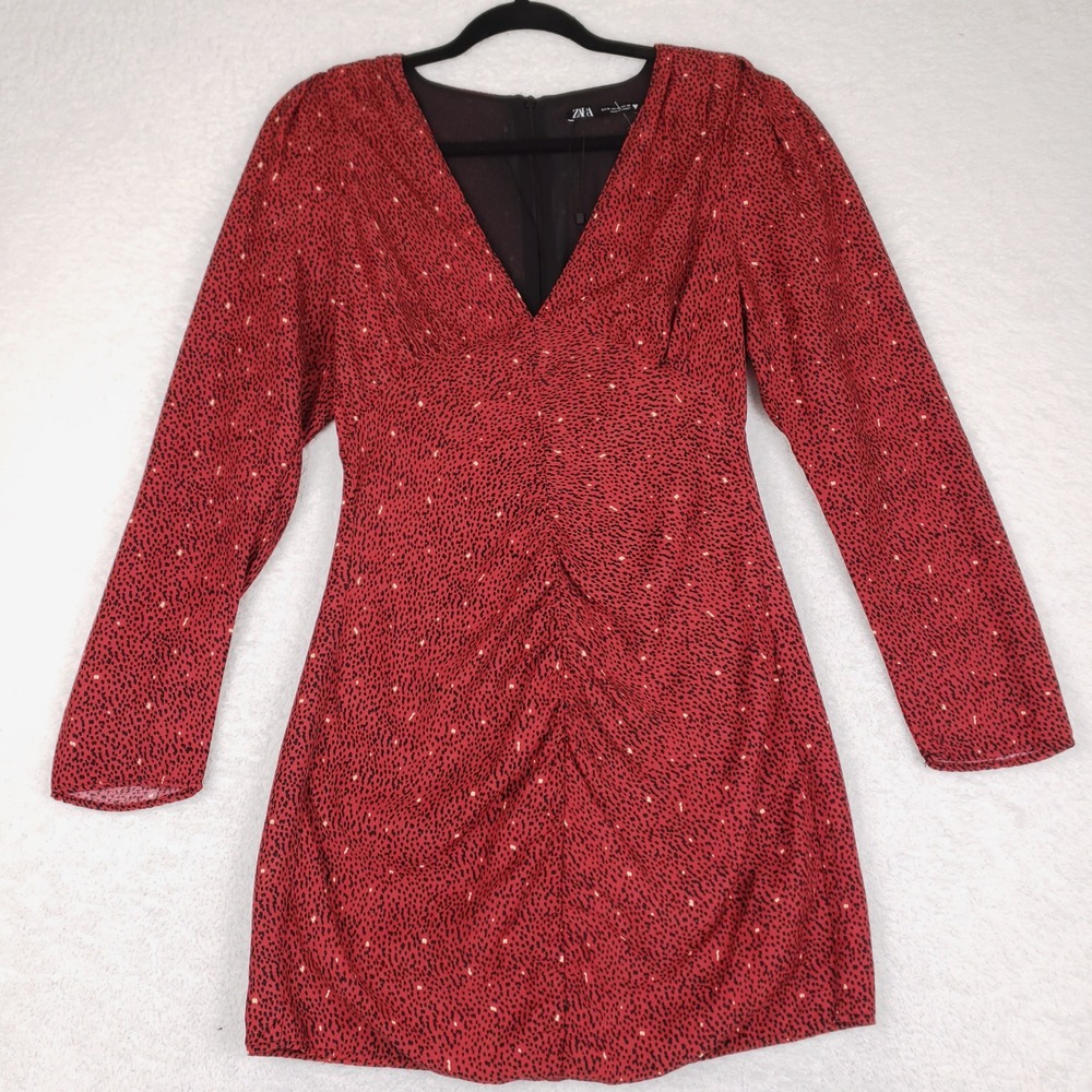 Zara Red Black Cheetah Print Ruched V-Neck Long Sleeve Mini Dress Size M Speckle